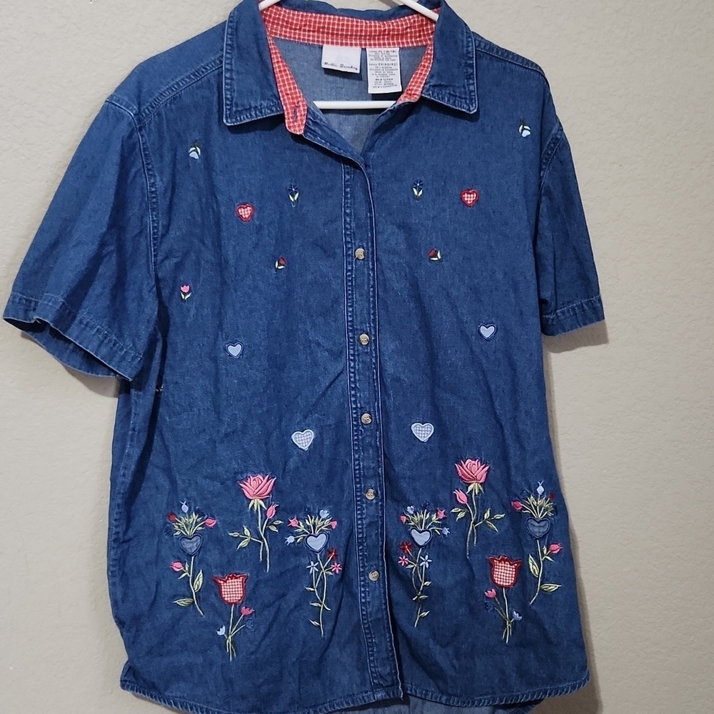 Bobbie Brooks Womens Blue Floral Embroidered Shirt Size XL